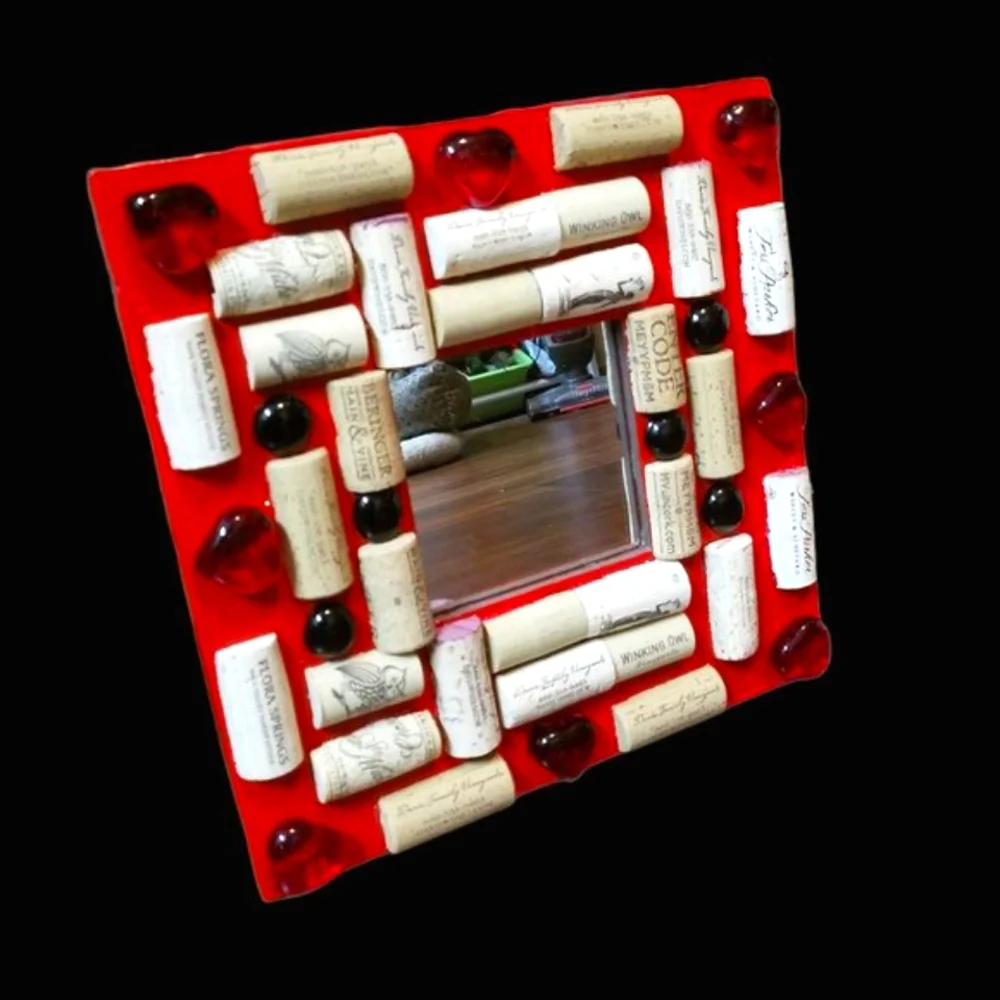 Red Heart and Red Glass Cabochons Mirror Decor with Wine Cork-NWT-Handmade